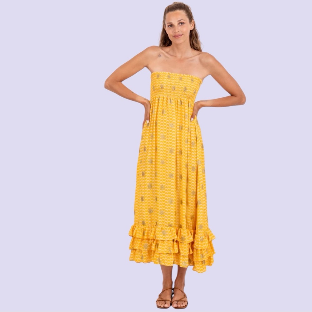 SUNDRESS MADE IN FRANCE POOJA ARIZONA PRINT MAXI DRESS IN YELLOW, NWT, XS/S